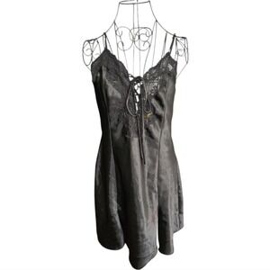 Fredericks of Hollywood Chemise Women L Black Satin Lace Lace-Up Slip Dress